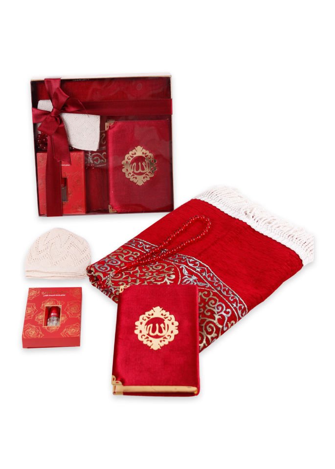 ADİL SERİSİ KUTULU (Astarlı Seccade+Takke+Esans+Tespih+Kadife Kuran)SET NO:1 BORDO