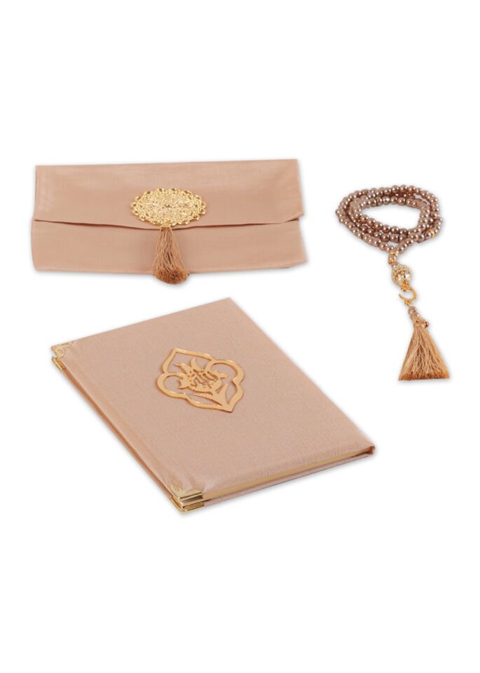 MEVA SERİSİ KUTULU KARE SET (Madalyonlu Çanta+ Şantuk Yasin+ İnci Tespih) NO:1 GOLD