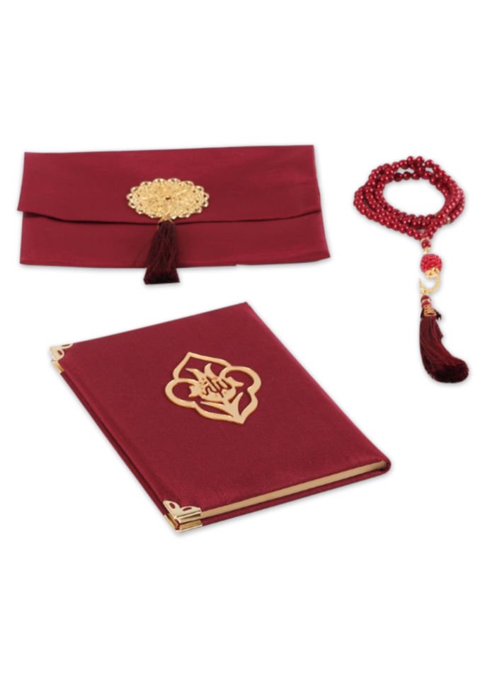 MEVA SERİSİ KUTULU KARE SET (Madalyonlu Çanta+ Şantuk Yasin+ İnci Tespih) NO:1 BORDO