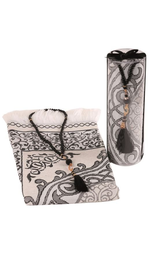 DUHA SERİSİ 2'li SET (Silindir Asetat  Pamuk Seccade+ İnci Tespih 24.5X8 ) SİYAH