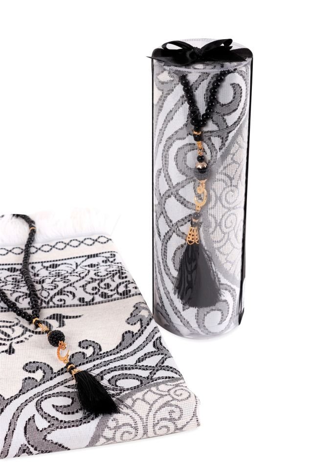 DUHA SERİSİ 2'li SET (Silindir Asetat  Pamuk Seccade+ İnci Tespih 24.5X8 ) SİYAH
