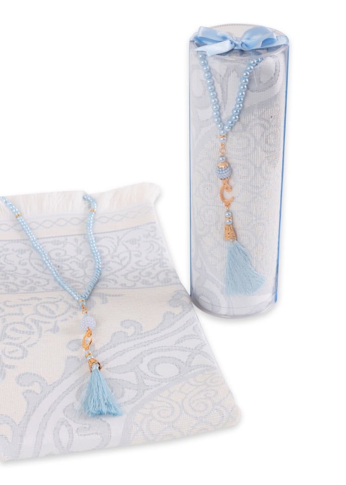 DUHA SERİSİ 2'li SET (Silindir Asetat  Pamuk Seccade+ İnci Tespih 24.5X8 ) BEBE MAVİ
