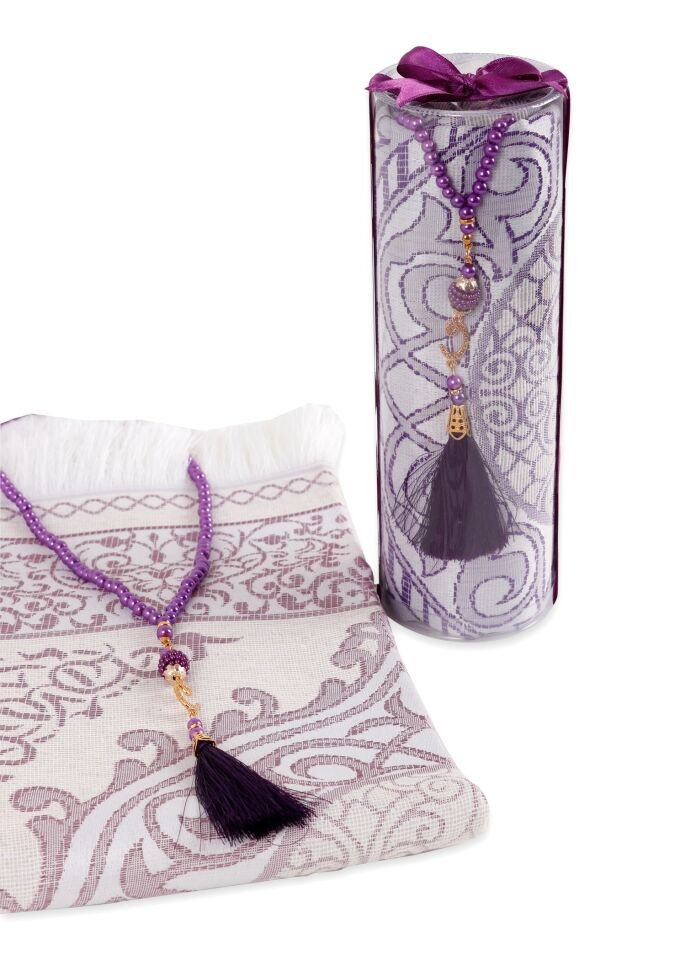 DUHA SERİSİ 2'li SET (Silindir Asetat  Pamuk Seccade+ İnci Tespih 24.5X8 ) MÜRDÜM