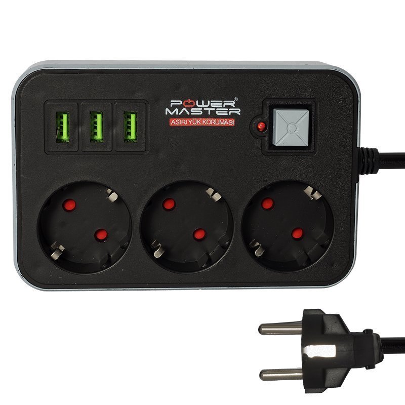 Cərəyan Qorumalı 3'lü Rozetka 1.8 metr - 3'lü USB Çıxışlı - Socket