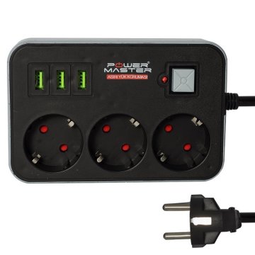 Cərəyan Qorumalı 3'lü Rozetka 1.8 metr - 3'lü USB Çıxışlı - Socket