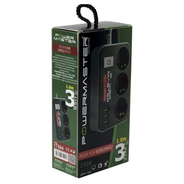 Cərəyan Qorumalı 3'lü Rozetka 1.8 metr - 3'lü USB Çıxışlı - Socket