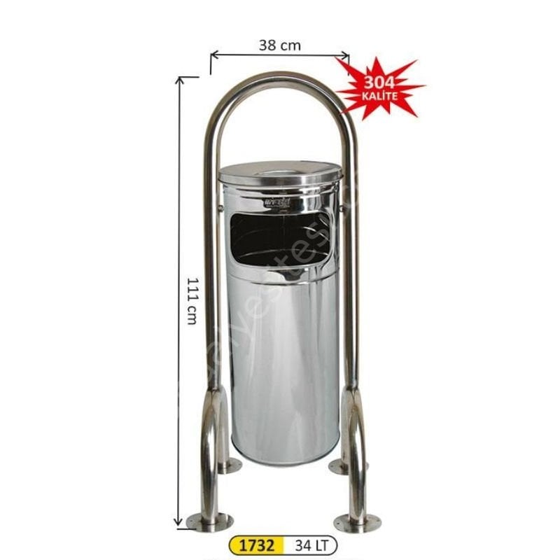 Bahçe Paslanmaz Çöp Kovası Ayaklı 34 Litre
