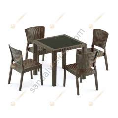 Town 80x80 cm Rattan 4 Kişilik Camlı Masa Takımı Kahve