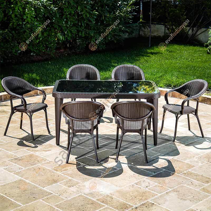 Viyana 90x150 cm Rattan 6 Kişilik Camlı Masa Takımı