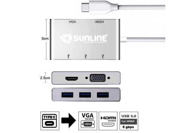 Sunline 170694 Type-C USB 3.0 Hub 5in1 Dönüştürücü