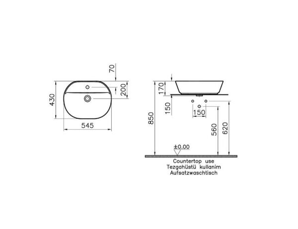 Vitra Oval Çanak Lavabo, 55x43 cm Armatür Delikli - 7428B003-0001