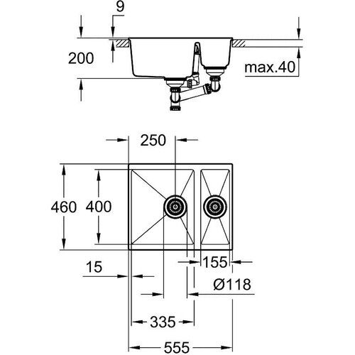 Grohe K500 Kuvars Kompozit 1,5 Göz Eviye 60 -C 55,5/46 Granit Siyah Rengi - 31648AP0