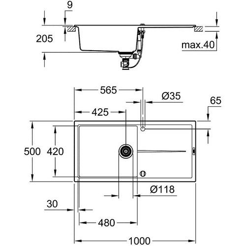 Grohe K400 Kuvars Kompozit Eviye 60 -C 100/50, Granit Siyah Rengi - 31641AP0