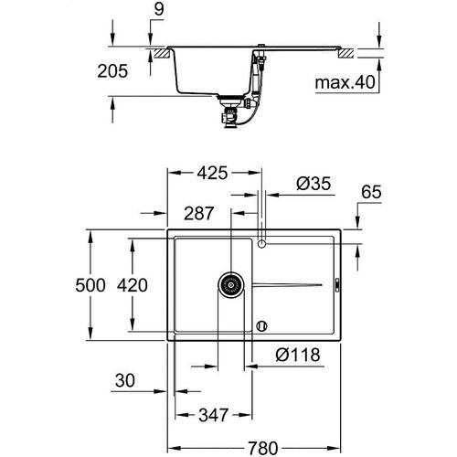 Grohe K400 Kuvars Kompozit Eviye 50 -C 78/50 , Granit Siyah Rengi - 31639AP0