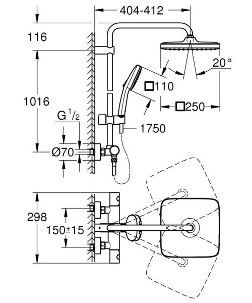 Grohe Tempesta System 250 Cube Duvara Monte Termostatik Bataryalı Duş Sistemi - 26689001