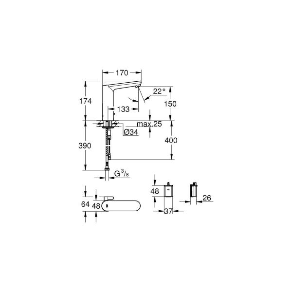 Grohe Eurosmart Cosmo. Fotoselli Lavabo Bataryası, Çift Su Girişli, Pilli-36422000