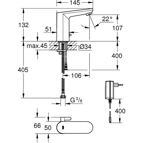 Grohe Eurosmart Cosmopolitan E Fotoselli Lavabo Bataryası, 1/2, Çift Su Girişliayarlanabilir Sıcaklık Sınırlayıcısı - 36325002