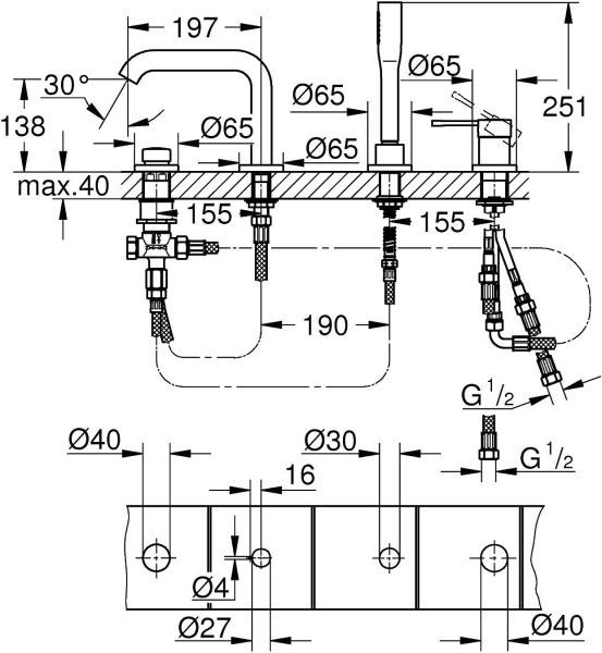Grohe Essence 4 Delikli Tek Kollu Küvet Bataryası - 19578AL1