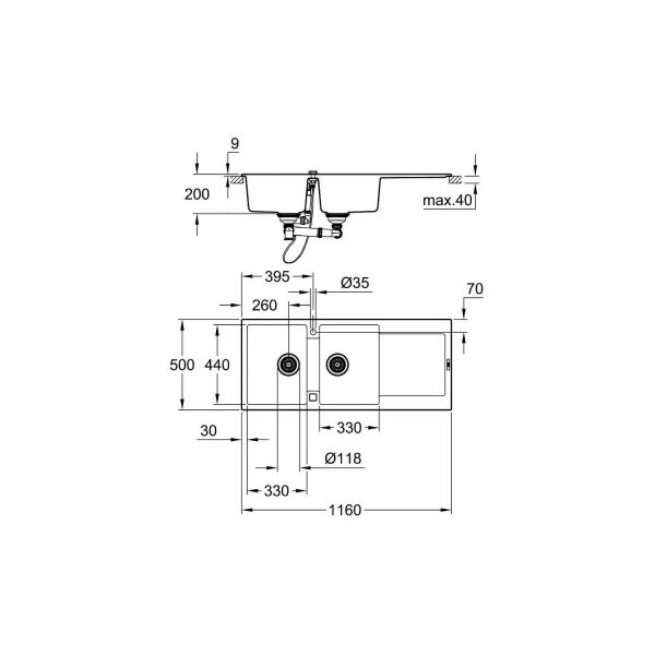 Grohe K500 Kuvars Kompozit Eviye 80 -C 116/50, Granit Siyah Rengi - 31647AP0