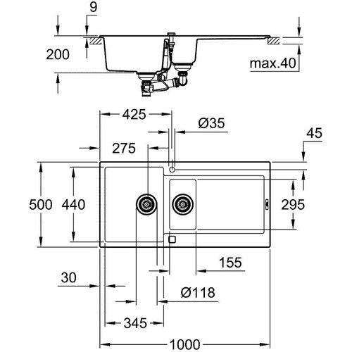 Grohe 31646AT0 K500 Kuvars 60 C 100-50 Granit Gri Rengi Kompozit Eviye