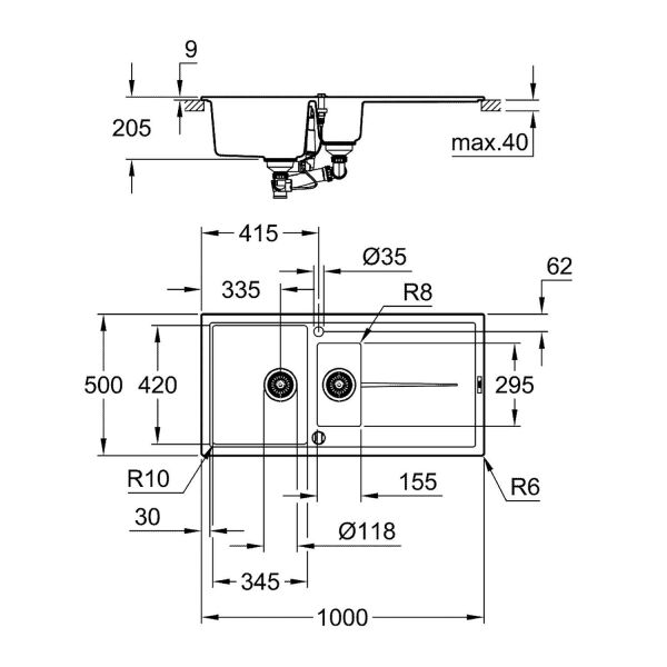 Grohe K400 60-C 1,5 Hazneli 100 Cm Quartz Kompozit Eviye, Siyah Granit 31642AP0