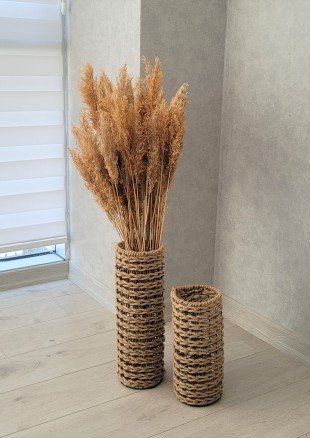 Hasır Örgü Vazo 2 Li Set 25 cm ve 50 cm Yapay Çiçek Vazosu Dekoratif Saksı