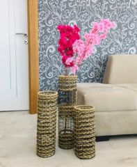 Hasır Örgü Vazo 3 lü Set 30 cm 40 cm 50 cm Çiçeklik Yapay Çiçek Vazosu Dekoratif Saksı