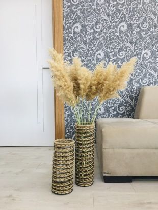 Hasır Örgü Vazo 2 li Set 20 cm ve 40 cm Çiçeklik Yapay Çiçek Vazosu Dekoratif Saksı