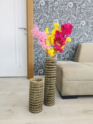 Hasır Örgü Vazo 2 li Set 30 cm ve 40 cm Çiçeklik Yapay Çiçek Vazosu Dekoratif Saksı