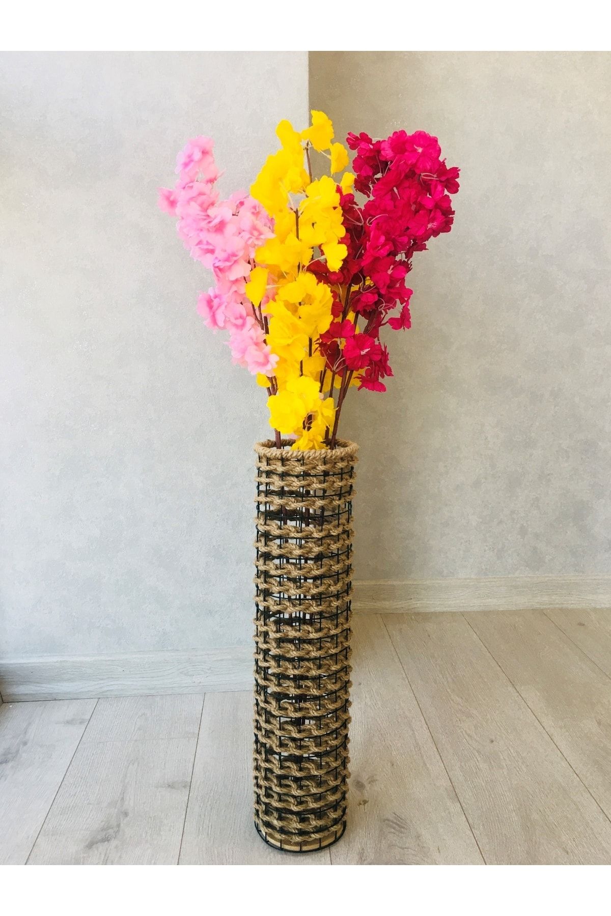 Hasır Örgü Vazo 60 Cm Ters Örgülü Tasarım Vazo Çiçeklik Yapay Çiçek Vazosu Dekoratif Saksı