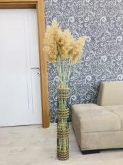 Hasır Örgü Vazo 70 cm Üç Örgü Tasarım Hasır Örgülü Çiçeklik Yapay Çiçek Vazosu Dekoratif Saksı