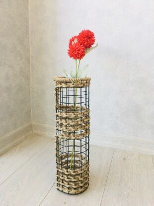 Hasır Örgü Vazo 30 cm Üç Örgü Tasarım Hasır Örgülü Çiçeklik Yapay Çiçek Vazosu Dekoratif Saksı