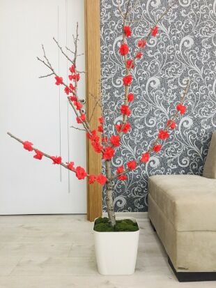 Yapay Çiçek 1 adet 80-100 cm Kırmızı Bahar Dalı Yapay Bitki Ağaç Saksıda Yapay Çiçek Bonsai Ağacı