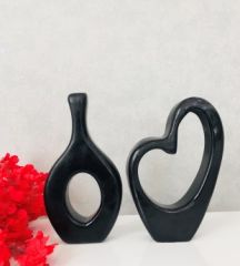 Vazo 2'li Set 25 cm ve 17 cm Siyah Renk Dekoratif Vazo Seramik Biblo Yapay Çiçek Vazosu Obje