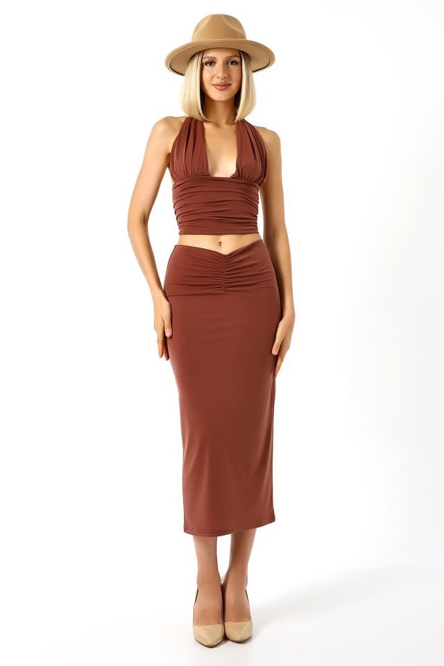 ÖN DRAPELİ UZUN ETEK 82 CM /ÖN BÜZGÜLÜ ETEK / DRAPED LONG SKIRT xs - AÇIK KAHVE