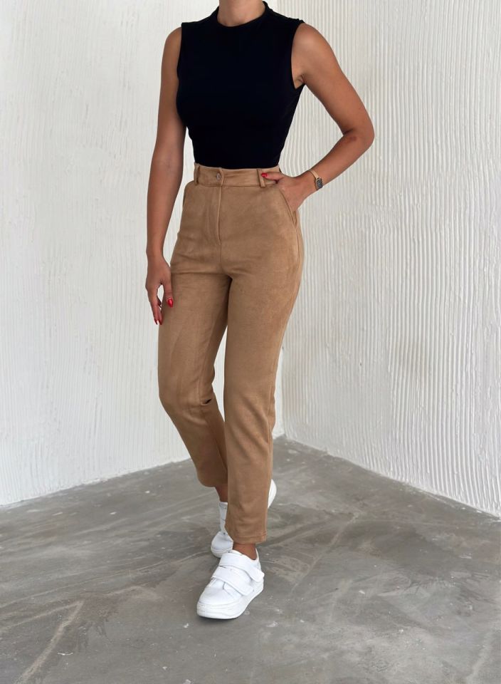 Kadın Süet Yüksek Bel Havuç Pantolon / women suede fabric high waist trousers M - taba