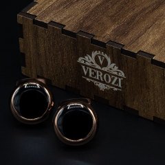 Verozi Kol Düğmesi - Yuvarlak Siyah Taşlı Bakır Renkli Gövde - KDOSB