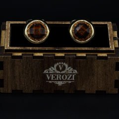 Verozi Kol Düğmesi - Yuvarlak Kahverengi Taşlı Altın Renkli Gövde - KDOTKA