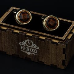 Verozi Kol Düğmesi - Yuvarlak Kahverengi Taşlı Altın Renkli Gövde - KDOTKA