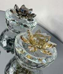 KRİSTAL KAPAKLI NİLÜFER CAM MÜCEVHER KUTU ŞEKERLİK GOLD