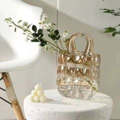 LÜKS ÇANTA MODEL VAZO DEKOR GOLD 22 CM (2 ADET YAPAY GÜL HEDİYELİ)