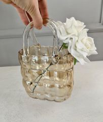 LÜKS ÇANTA MODEL VAZO DEKOR GOLD 22 CM (2 ADET YAPAY GÜL HEDİYELİ)