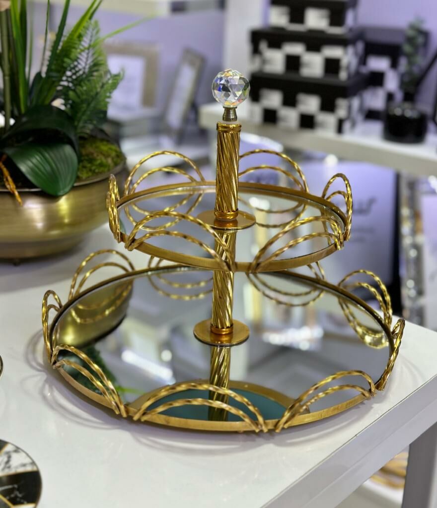 2 KATLI PAPATYA MODEL KULPLU AYNALI SUNUM TEPSİSİ GOLD