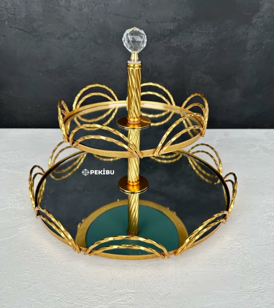 2 KATLI PAPATYA MODEL KULPLU AYNALI SUNUM TEPSİSİ GOLD