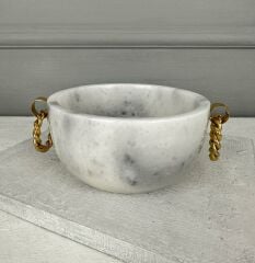 GOLD ZİNCİR KULPLU YUVARLAK MERMER SAKSI BEYAZ 15 CM