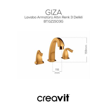 Creavit Giza Lavabo Armatürü Altın 3 Delikli Sifonlu