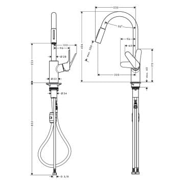 Hansgrohe Focus M41 Tek Kollu Eviye Bataryası 240, Çekilebilir El Duşu, 2 Jet