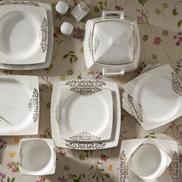Karaca Nazende Fine Cream 60 Parça 12 Kişilik Porselen Yemek Takımı Kare