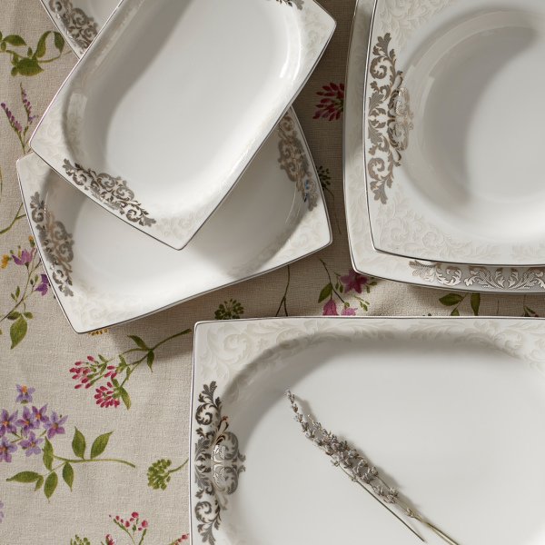 Karaca Nazende Fine Cream 60 Parça 12 Kişilik Porselen Yemek Takımı Kare
