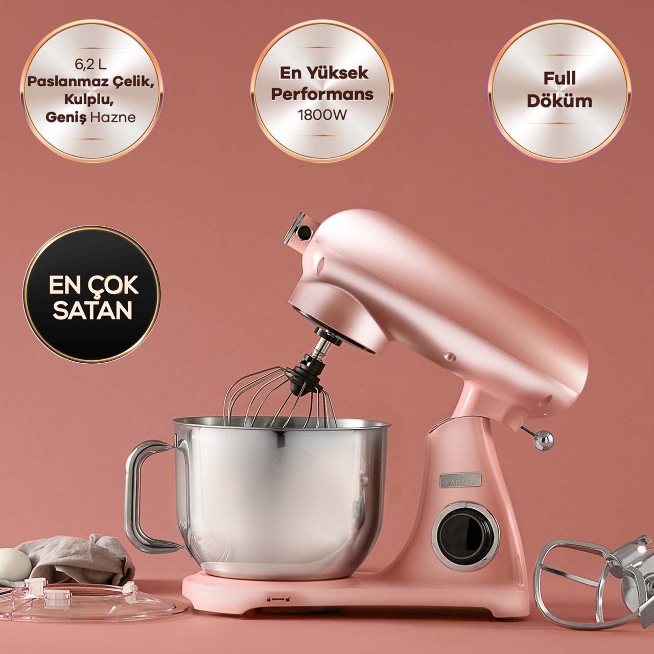 Karaca Powercast Chef Döküm Stand Mikser Rosegold Mutfak Şefi 1800W 6,2 Lt